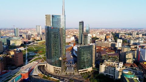 MILAN / ITALY – 05 AUGUST 2018 – Gae Aulenti Square financial district of Milano - Porta Garibaldi - real time afternoon