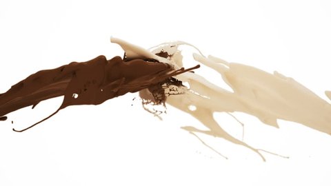 Milk and chocolate splash in slow motion. 3D animation of white and brown liquid cream drops splash isolated on white. Alpha matte included for compositing. 4K bright white and dark design element