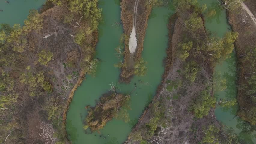 Aerial camera tilt revealing beautiful Murray River in South Australia