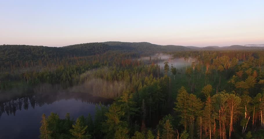 Misty Morning Sunrise Flight Though Forest, Lakes & Rivers