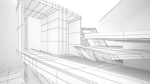 Abstract white drawing interior multilevel public space with window. 3D animation and rendering.