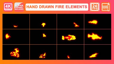 Hand Drawn Fire Elements Motion Graphics Pack. contains dynamic 2d cartoon fire elements. Easy to use. Just drop elements to your project. Easy to customize. Use with your video and graphics.Alpha