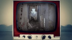 A retro vintage TV showing a VHS tape with recordings of an abandoned house (cracked walls, collapsed rooms, a spooky location).
 - Powered by Shutterstock - Get 15% off with code: PIKWIZARD15