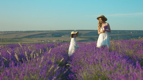 Elder and younger sisters in dresses running on a blossoming lavender field