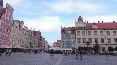 Wroclaw, Poland-June 29, 2018: Historical Center - Market Square. People are walking on a summer evening. Slow motion