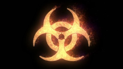 Biohazard symbol on fire, looping animation, black background.