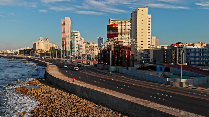 Cuba Havana v41 Low birdseye view of waterfront near monument, following Malecon path 4/18