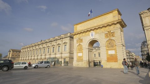 Montpellier, France - April, 2017: Pan right view of the Courthouse and Arc de Triomphe in Montpellier.
