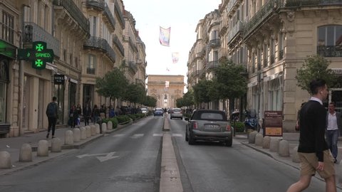Montpellier, France - April, 2017: Rue Foch with Porte du Peyrou, Montpellier.