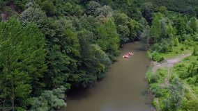 Aerial shot of people on the rafting in Melen river