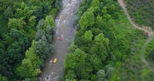 Aerial shot of people on the rafting in Melen river, 4k