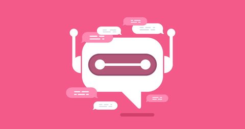 animation modern flat chat bot with speech bubble icons on pink background. Support cartoon smart robot design.