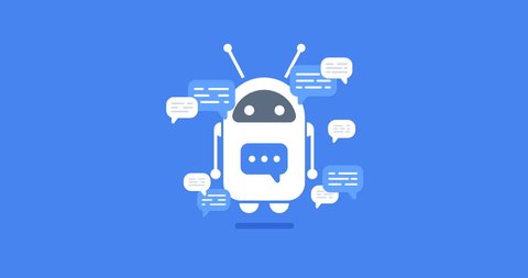 animation modern flat chat bot with speech bubble icons on blue background. Support cartoon smart robot design.