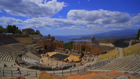The ancient Greek Theatre of Taormina, Sicily, Italy.