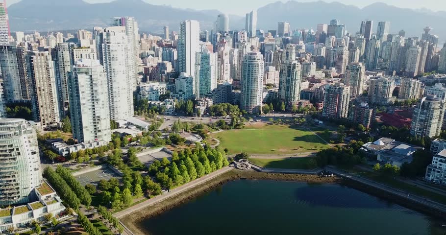 Aerial flight overlooking downtown Vancouver with stunning view