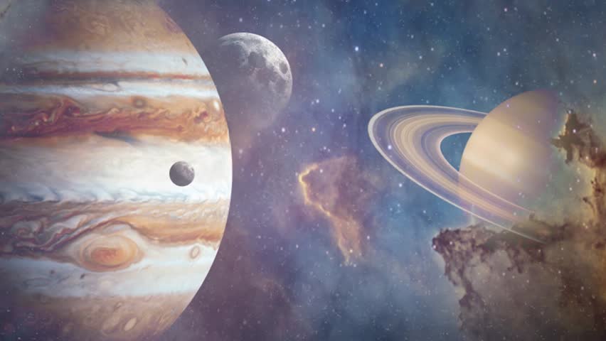 Planets of Solar system Jupiter, Mercury, Saturn, Venus and ocean with big waves. Surrealistic and fantastic animation. Clouds, stars, Orion nebula, sea, waves. 