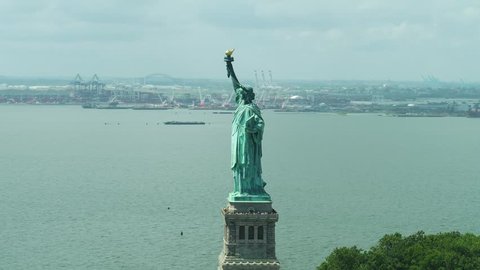 Cinematic aerial clip Statue of Liberty New York