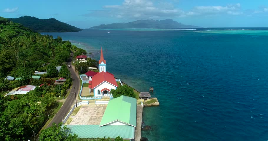church in aerial view in a pacific island