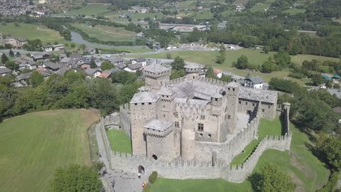 Aerial view of Fenis Castle, Aosta, Italy, 4K