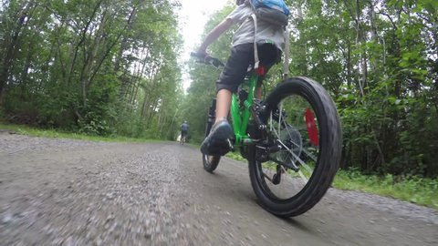 A family rides their bike through the lush green forest trail