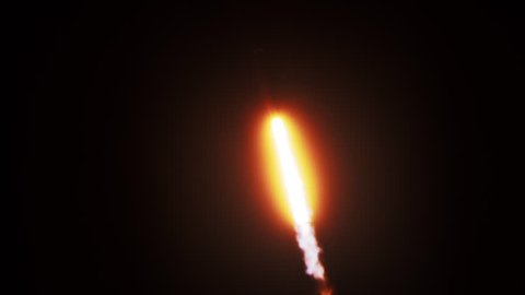 ICBM missile launching into space exhaust flames and smoke. 120 fps slow motion.