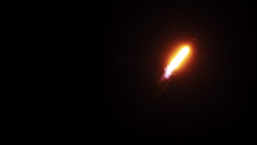 Falcon 9 rocket flying through sky at night with growing trail of hot exhaust flames and smoke. 120 fps slow motion.