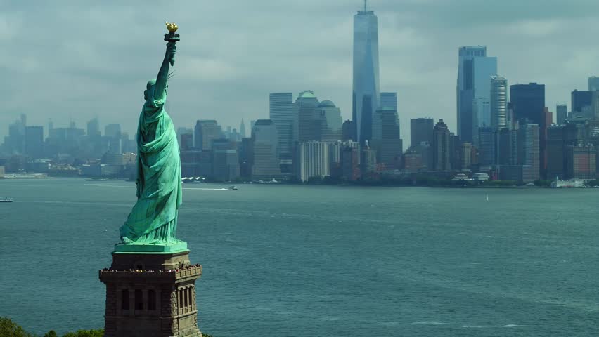 Aerial drone orbit Statue of Liberty New York