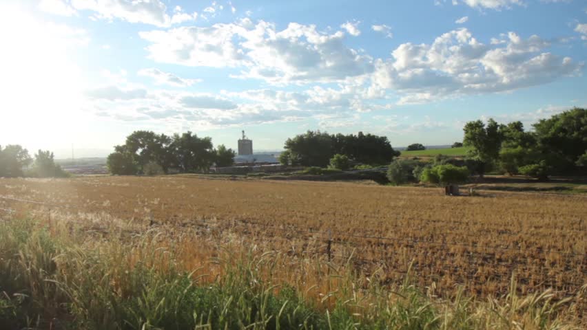 Pan Across Colorado Farm Country with Setting Sun