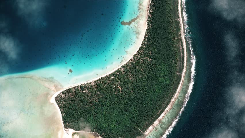 Top view of a flying plane over Tahiti. 4k video as the plane flies over the islands in the ocean.