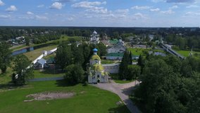 View of the Tikhvin Assumption monastery on a summer day (aerial). Leningrad region, Russia