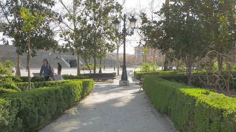Granada, Spain - April, 2017: Park near the stairs of Palacio de Congresos, in Granada.