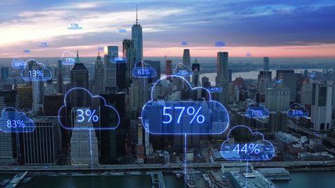  Aerial smart city. Network connections and cloud computing icons with percentages. Technology concept, data communication, artificial intelligence, internet of things. New York City skyline.