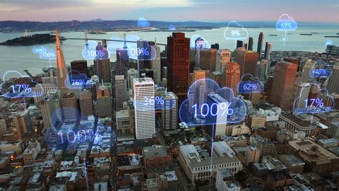 Aerial smart city. Network connections and cloud computing icons with percentages. Technology concept, data communication, artificial intelligence, internet of things. San Francisco skyline. Stockvideó