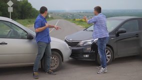 Two men arguing conflict after a car accident on the road car insurance. lifestyle slow motion video. Two Drivers man Arguing After Traffic Accident. auto insurance accident concept men. Two men