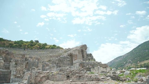 Great Theater in ancient city Ephesus in Turkey. Present days. 4K.