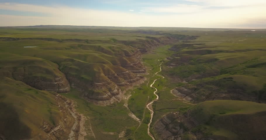 4K Overview of Valley in Drumheller, Alberta, Canada - daytime, Aerial, high elevation