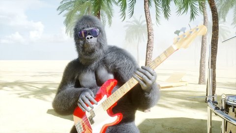 Funny gorillas and monkeys play on guitar and drums. Rock party on sunny seaside. Realistic 4K animation.