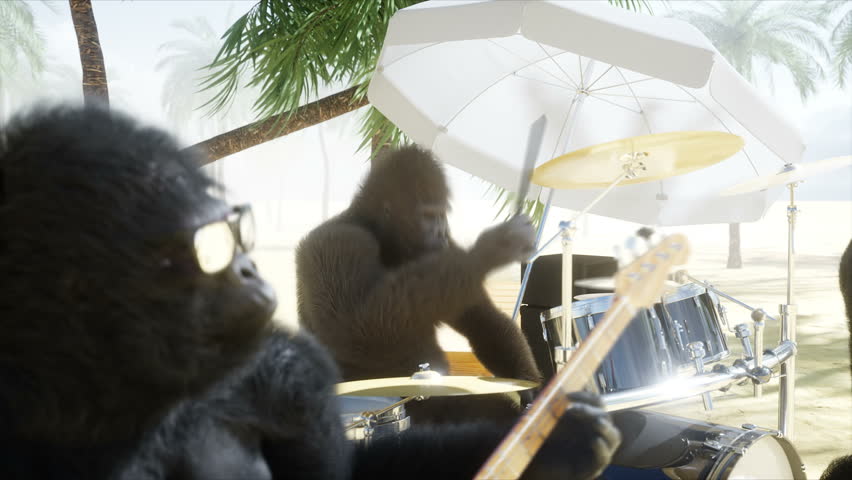 Funny gorillas and monkeys play on guitar and drums. Rock party on sunny seaside. Realistic 4K animation.