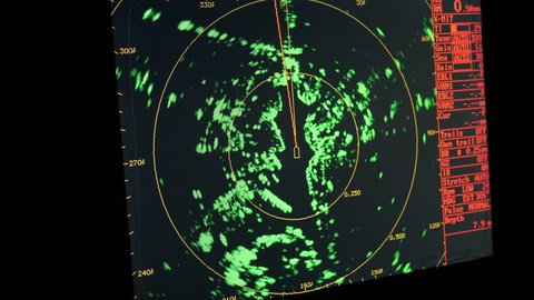 Radar monitor in a ship. Ship and cruise yacht navigation screens during sea maneuvers