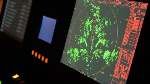 Radar monitor in a ship. Ship and cruise yacht navigation screens during sea maneuvers
