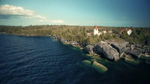 Aerial shot of Mississagi Lighthouse on a hot summer day, Manitoulin Island, Ontario, Canada. Shot with Phantom 3 Professional drone in 4K.