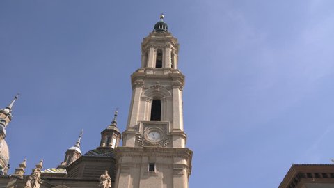 Zaragoza, Spain - May, 2017: Low angle of a clock tower in Zaragoza