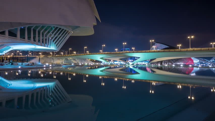 Valencia, Spain - April, 2016: Night timelapse of Monteolivete bridge in the City of Arts and Sciences,Valencia | Shutterstock HD Video #1014860509