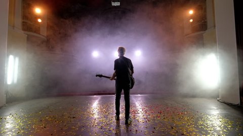 Concert rock band performing on stage with singer guitar. Music video punk, heavy metal or rock group. The guitarist performs on stage. Stage light, smoke. Back view
