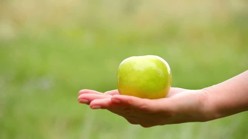 A man takes an Apple lying on a woman's hand. Exchange, kindness, care and love. The girl holds the Apple and gives it to the man. Royalty-Free Stock Footage #1014861526