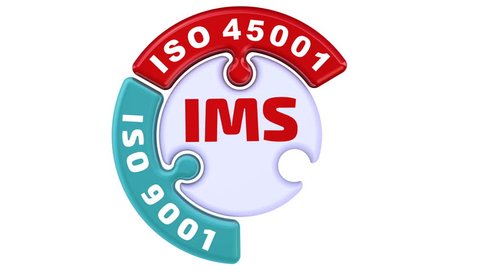 IMS. ISO Integrated Management System. The check mark in the form of a puzzle. The inscription "IMS. ISO 9001, ISO 14001, ISO 45001" on the emerging puzzle in the shape of a circle. Footage video