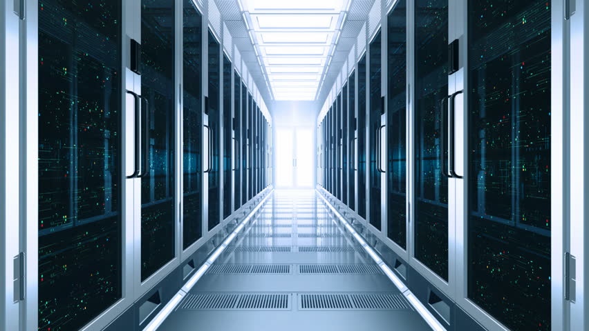 Concept of cloud data service center. Flow moving through rack servers. 3d rendering. Royalty-Free Stock Footage #1014865741
