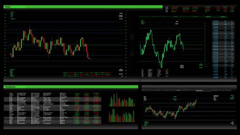 Stock trading application/software interface. Screen with rates and prices of shares. Investment tools showcase. Trader workplace. Financial analytics process. Raising and falling indexes and markers.
