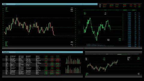 Stock trading application/software interface. Screen with rates and prices of shares. Investment tools showcase. Trader workplace. Financial analytics process. Raising and falling indexes and markers.