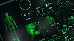 Futuristic patient monitor screen / Medical blue screen interface. Screen with various parameters measured. ST-segment and heart attack detection, pace-maker analysis, and arrhythmia analysis, all on  - Powered by Shutterstock - Get 15% off with code: PIKWIZARD15